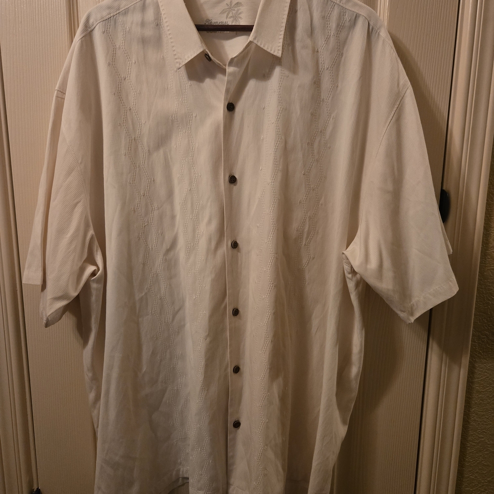Tommy Bahama Camp Shirt Mens XXL Silk Blend Off-White Textured Short Sleeve